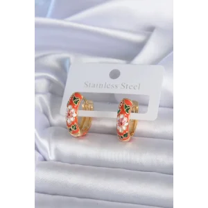 Pirinç Gold Renk Çiçek İşleme Turuncu Kadın Küpe