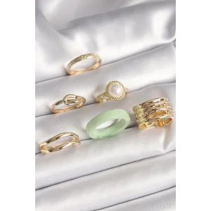 Pirinç Gold Renk Düğüm Model İncili İşlemeli Plaka Model 6Lı Kadın Yüzük Seti