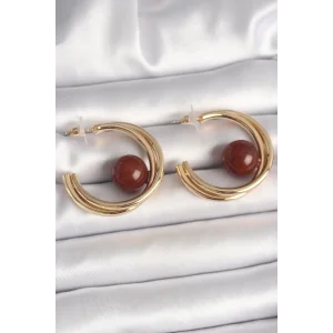 Pirinç Gold Renk Halka Model Kahverengi Boncuk Detay Kadın Küpe
