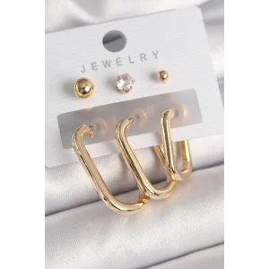 Pirinç Gold Renk Halka Model Zirkon Taş Topçuk Detay Kadın Küpe Seti