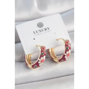 Pirinç Gold Renk Halka Mor Çiçek Mineli Kadın Küpe