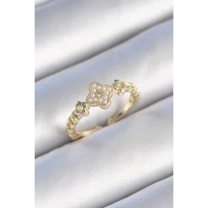 Pirinç Gold Renk İncili Yonca Model Zirkon Taş Detay Kadın Yüzük