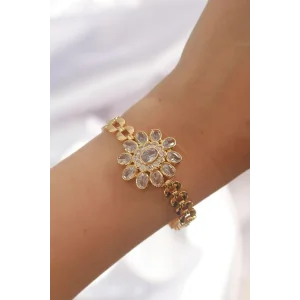 Pirinç Gold Renk İri Zirkon Taşlı Çiçek Figürlü Bileklik
