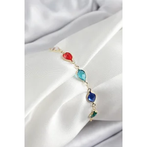 Pirinç Gold Renk Karışık Renk Damla Zirkon Taşlı Kadın Bileklik