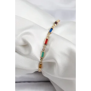 Pirinç Gold Renk Karışık Renkli Kare Zirkon Taşlı Kadın Bileklik