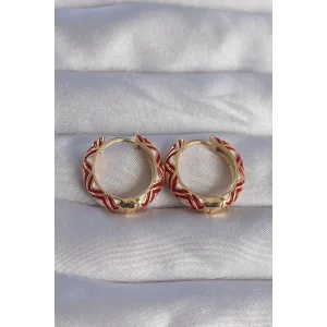 Pirinç Gold Renk Kırmızı Etnik Desenli Halka Küpe