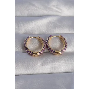 Pirinç Gold Renk Mor Etnik Desenli Halka Küpe