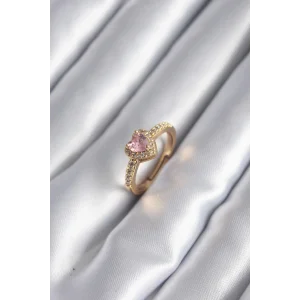 Pirinç Gold Renk Pembe Zirkon Taş Kalp Charm Model Kadın Yüzük