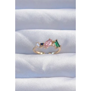 Pirinç Gold Renk Renkli Zirkon Taşlı Ayarlanabilir Yüzük