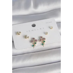 Pirinç Gold Renk Renkli Zirkon Taşlı Çiçek Model Yaprak Detay 925 Ayar Gümüş Çivi Kadın Küpe Seti
