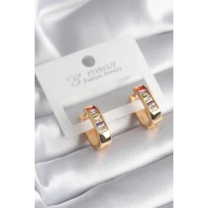 Pirinç Gold Renk Renkli Zirkon Taşlı Kadın Küpe