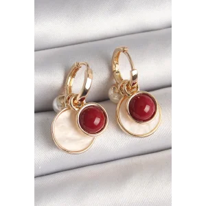 Pirinç Gold Renk Sallantı Beyaz Mineli Bordo Detay Kadın Küpe