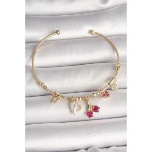 Pirinç Gold Renk Sallantı Kırmızı Zirkon Taşlı Kiraz Figür Charm Kadın Bileklik
