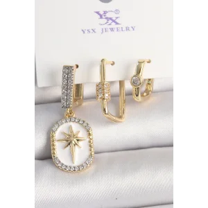 Pirinç Gold Renk Sallantı Zirkon Taş İşlmeli Yıldız Portre Model 3Lü Kadın Kombin Küpe