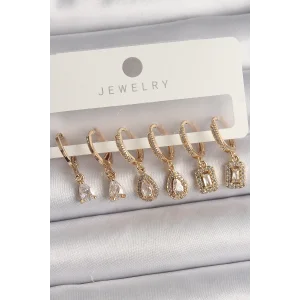 Pirinç Gold Renk Sallantı Zirkon Taşı Damla Model Kadın Küpe Seti