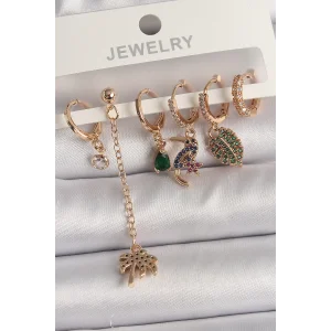 Pirinç Gold Renk Sallantı Zirkon Taşlı Ağaç Figür Kadın Küpe Seti