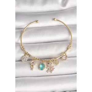 Pirinç Gold Renk Sallantı Zirkon Taşlı AYıcık Figür Kalp Detay Charm Kadın Bileklik