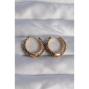 Pirinç Gold Renk Siyah Etnik Desenli Halka Küpe