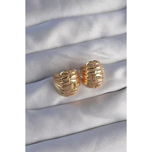 Pirinç Gold Renk Tırtıklı Minimal Bombeli Tasarım Küpe