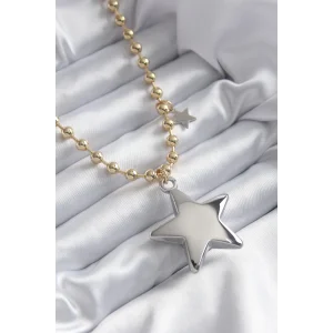 Pirinç Gold Renk Topçuk Zincir Gümüş 3D Yıldız Model Yıldız Detay VİP Kadın Kolye