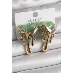 Pirinç Gold Renk Yeşil Sedefli Akan Kalp Model Kadın Küpe