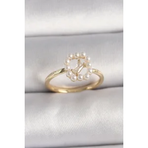 Pirinç Gold Renk Zirkon Taş Detaylı İncili Ayarlanabilir Yüzük