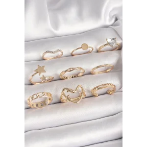 Pirinç Gold Renk Zirkon Taş Detaylı Kalp Yıldız Figür Kadın Yüzük Kombini