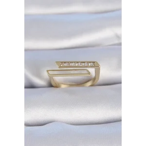 Pirinç Gold Renk Zirkon Taşlı Beyaz Sedef Detay Kadın Yüzük