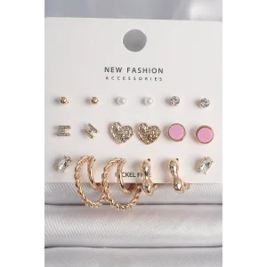 Pirinç Gold Renk Zirkon Taşlı Burug Halka Model İşlemeli Kalp Detay 9 Çift Kadın Küpe Seti