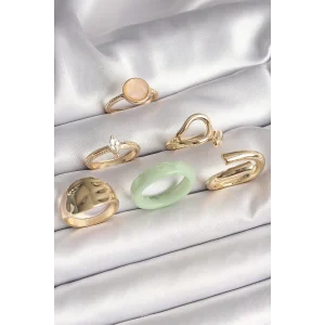 Pirinç Gold Renk Zirkon Taşlı Daire Pembe Mineli Detay 6Lı Kadın Yüzük Seti