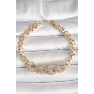 Pirinç Gold Renk Zirkon Taşlı Daire Zincir Model Kadın Bileklik