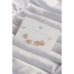 Pirinç Gold Renk Zirkon Taşlı Damla Model Küpe Seti