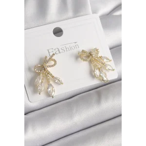 Pirinç Gold Renk Zirkon Taşlı Düğüm Model Damla Zirkon Taşlı Kadın Küpe