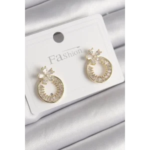 Pirinç Gold Renk Zirkon Taşlı Halka Model Çiçek Figür Kadın Küpe
