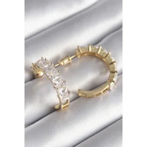 Pirinç Gold Renk Zirkon Taşlı Halka Model Kadın Küpe