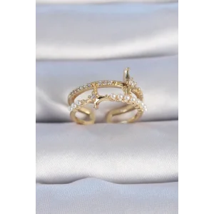 Pirinç Gold Renk Zirkon Taşlı İnci Detay Kutup Yıldızı Model Kadın Yüzük