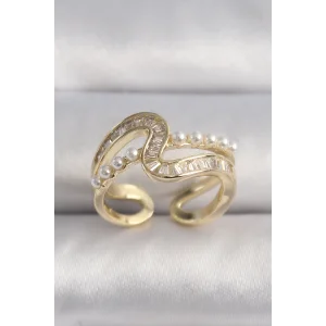 Pirinç Gold Renk Zirkon Taşlı İnci Detay VIP Seri Kadın Yüzük