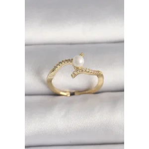 Pirinç Gold Renk Zirkon Taşlı İncili Ayarlanabilir Yüzük
