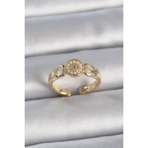 Pirinç Gold Renk Zirkon Taşlı İncili Kalp İşleme Detay Ayarlanabilir Kadın Yüzük