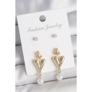 Pirinç Gold Renk Zirkon Taşlı İncili Sallantılı Kalp Model 3 Çift Kadın Küpe Seti