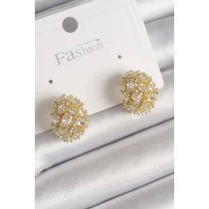 Pirinç Gold Renk Zirkon Taşlı Kadın Küpe