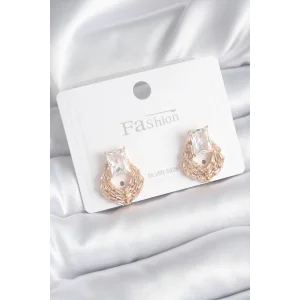 Pirinç Gold Renk Zirkon Taşlı Kadın Küpe