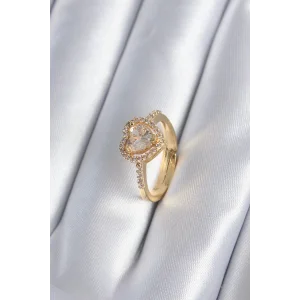Pirinç Gold Renk Zirkon Taşlı Kalp Charm Model Kadın Yüzük