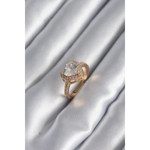 Pirinç Gold Renk Zirkon Taşlı Kalp Charm Model Kadın Yüzük