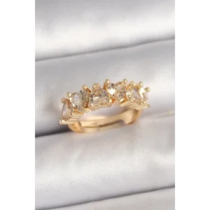 Pirinç Gold Renk Zirkon Taşlı Kalp Model Ayarlanbilir Kadın Yüzük