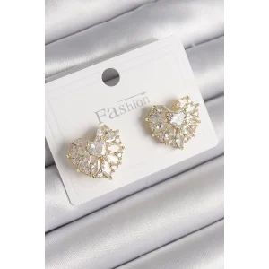 Pirinç Gold Renk Zirkon Taşlı Kalp Model Kadın Küpe