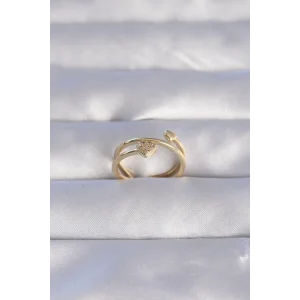 Pirinç Gold Renk Zirkon Taşlı Kalpli Model Ayarlanabilir Yüzük