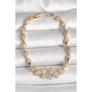 Pirinç Gold Renk Zirkon Taşlı Kelebek Figür Damla Zincir Model Kadın Bileklik