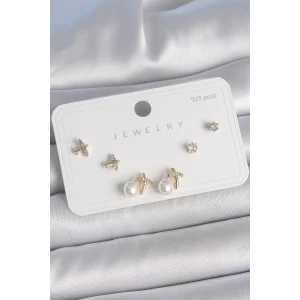 Pirinç Gold Renk Zirkon Taşlı Kelebek Model İnci Detay 925 Ayar Gümüş Çivi Kadın Küpe Seti