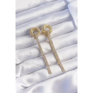 Pirinç Gold Renk Zirkon Taşlı Kıvrım Detay Sallantılı Küpe